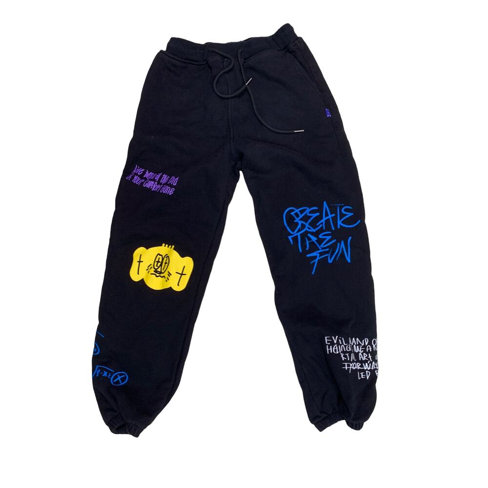 Taka Original Womens Sz Small Jogger Sweatpants Black Y2K Graphic Art Drawstring